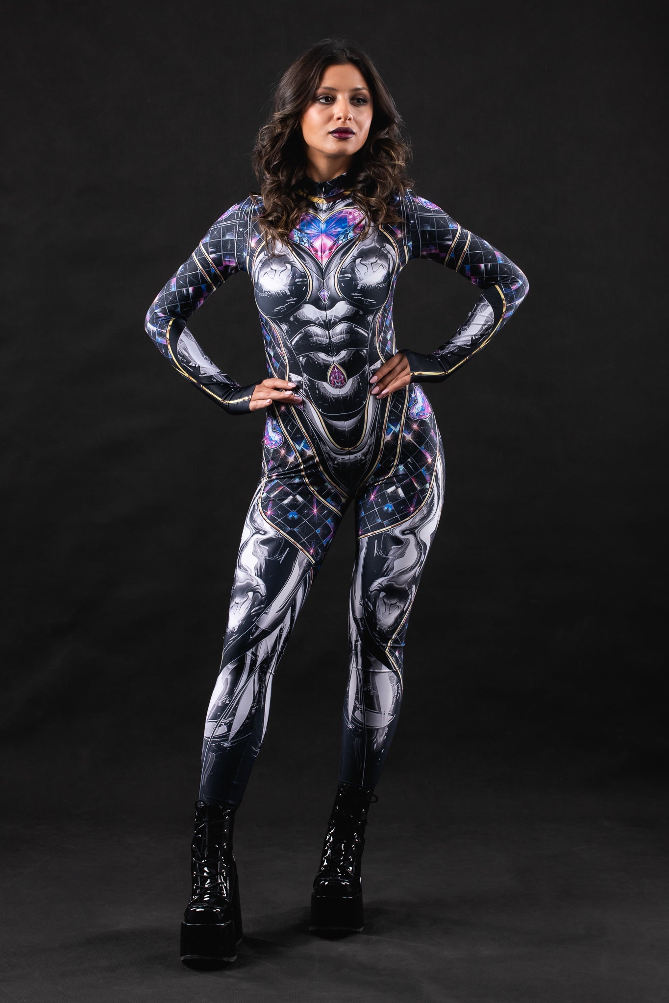 Black Cyber Disco costume for women, featuring a sleek, futuristic design with cyber-inspired details, perfect for Halloween, parties, or festivals.