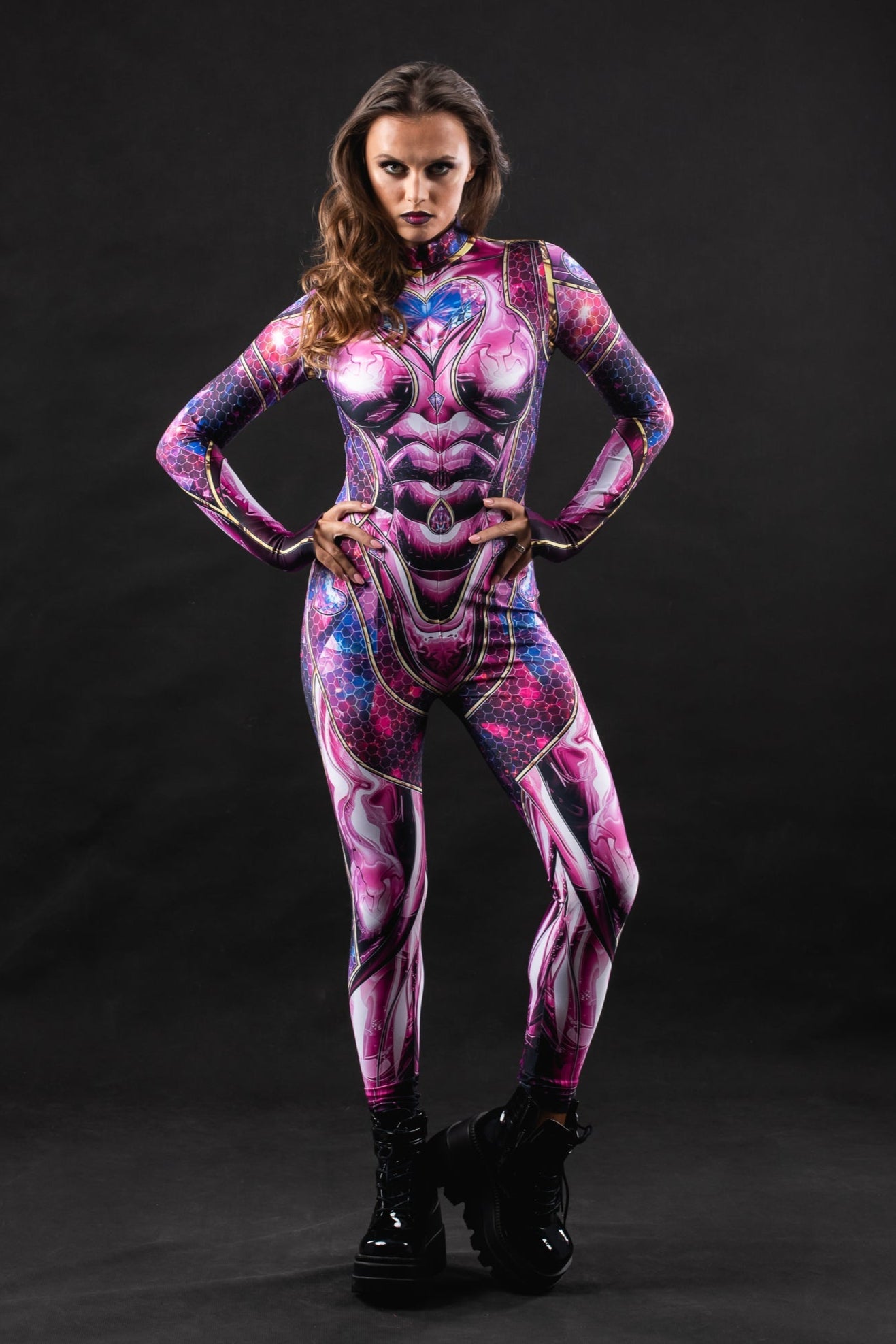 Pink Cyber Disco costume for women, featuring a futuristic full-body design with cyber-inspired details, ideal for Halloween, raves, or festivals.