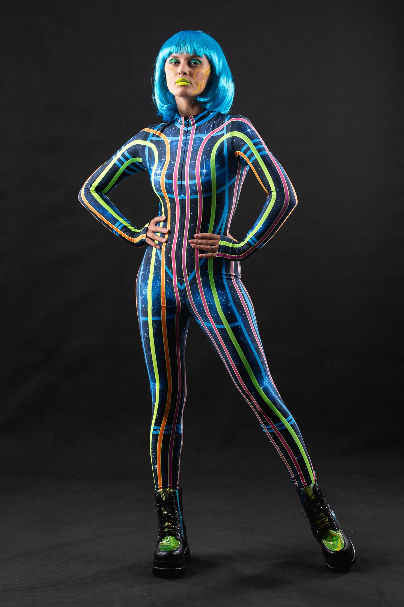 Space Lines UV Reactive costume for women, featuring a futuristic design with neon space line patterns that glow under UV light, perfect for festivals, raves, or Halloween.