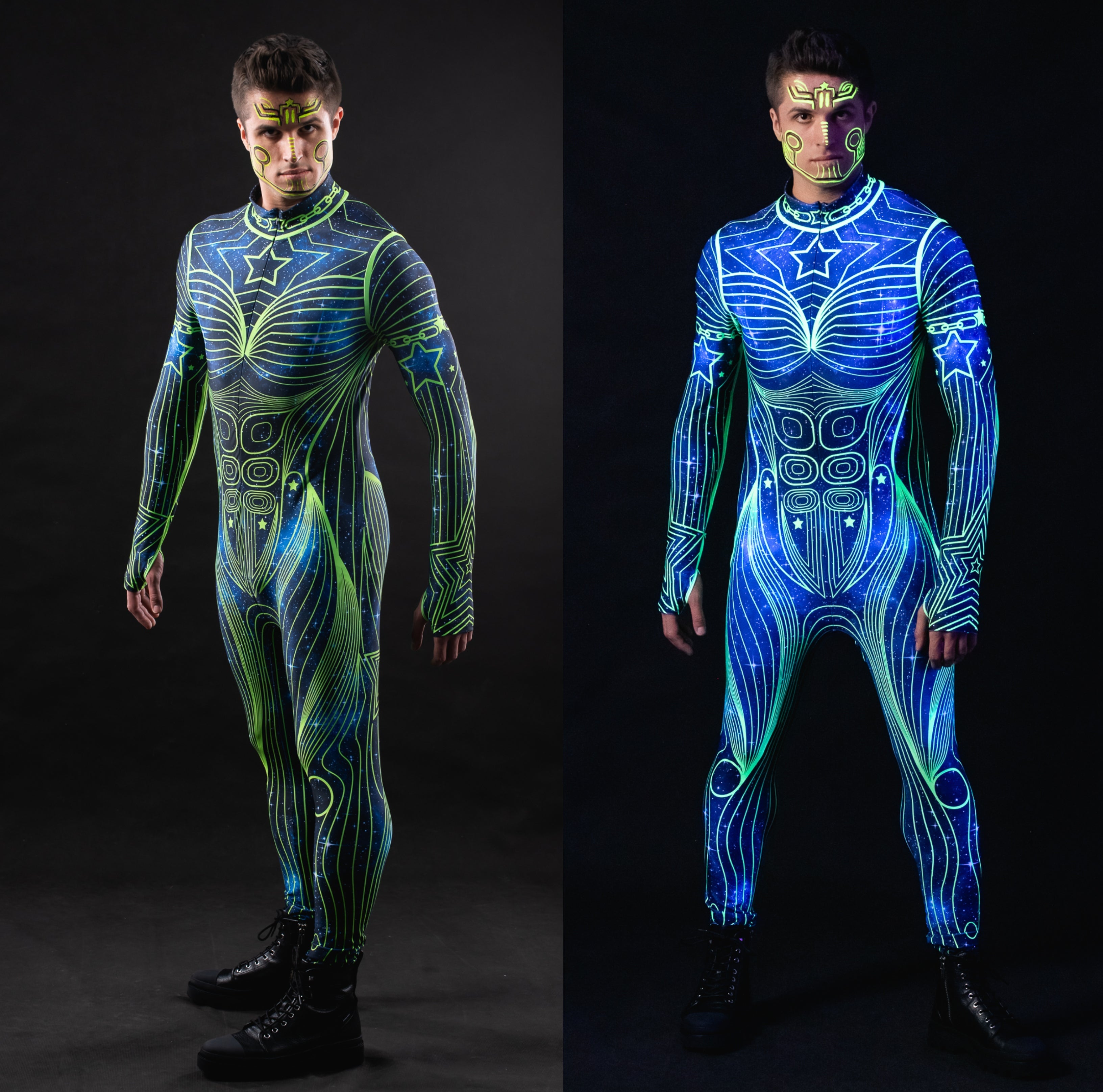 Man posing in the Neon Cosmic Outline UV Reactive costume, highlighting the UV-reactive cosmic outline design, great for raves, festivals, or as a unique Halloween outfit.