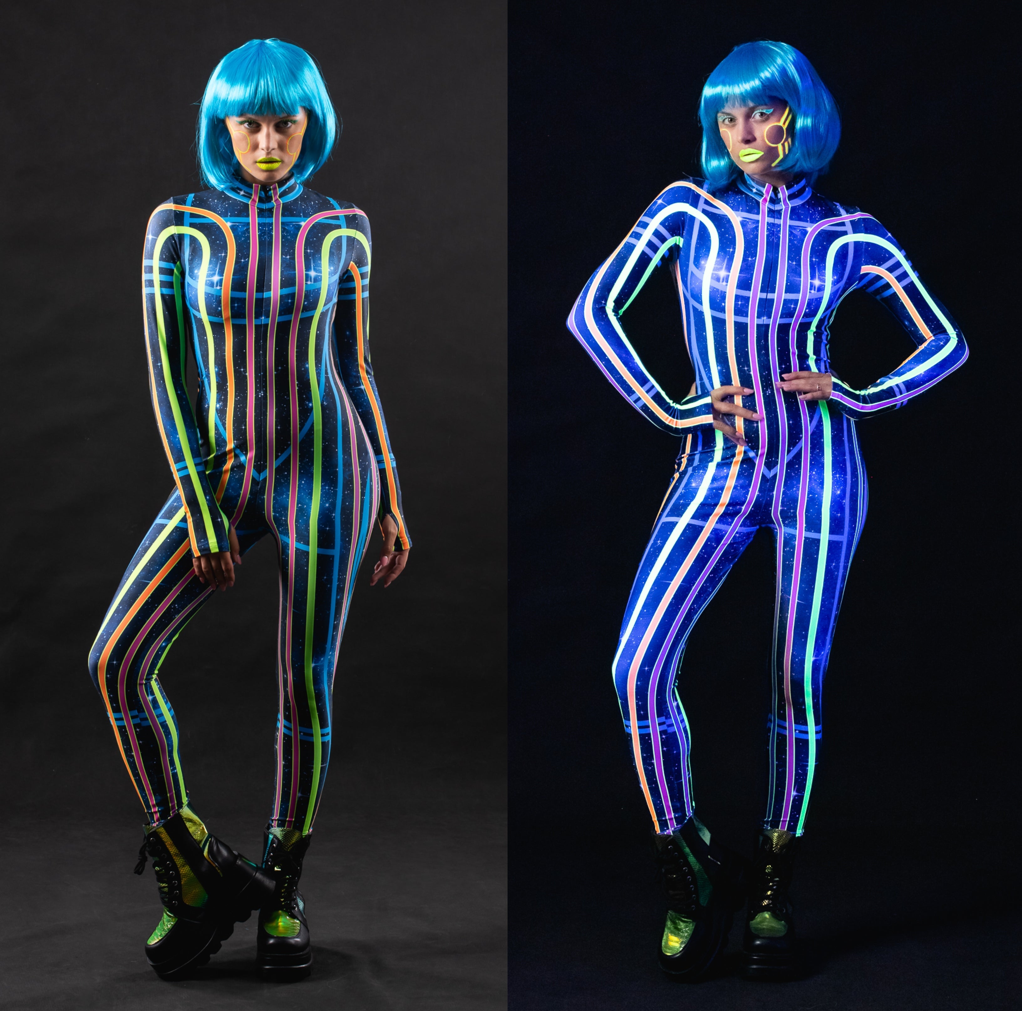 Woman wearing the Space Lines UV Reactive costume, a full-body suit with glowing space line accents, perfect for Halloween parties or festival events.