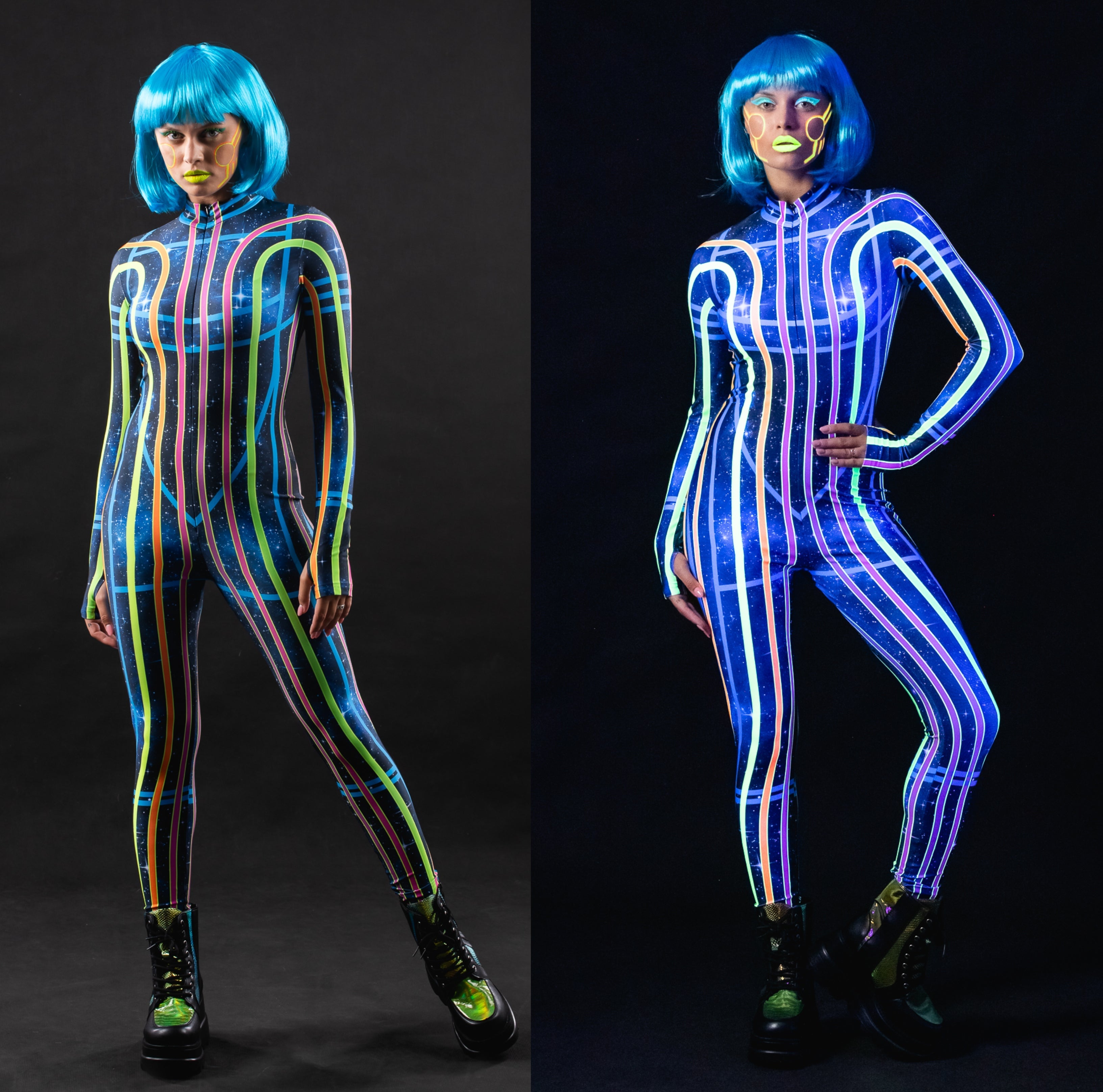 Woman posing in the Space Lines UV Reactive costume, highlighting the neon space line design that lights up under UV light, ideal for raves, Halloween, or as a unique festival outfit.