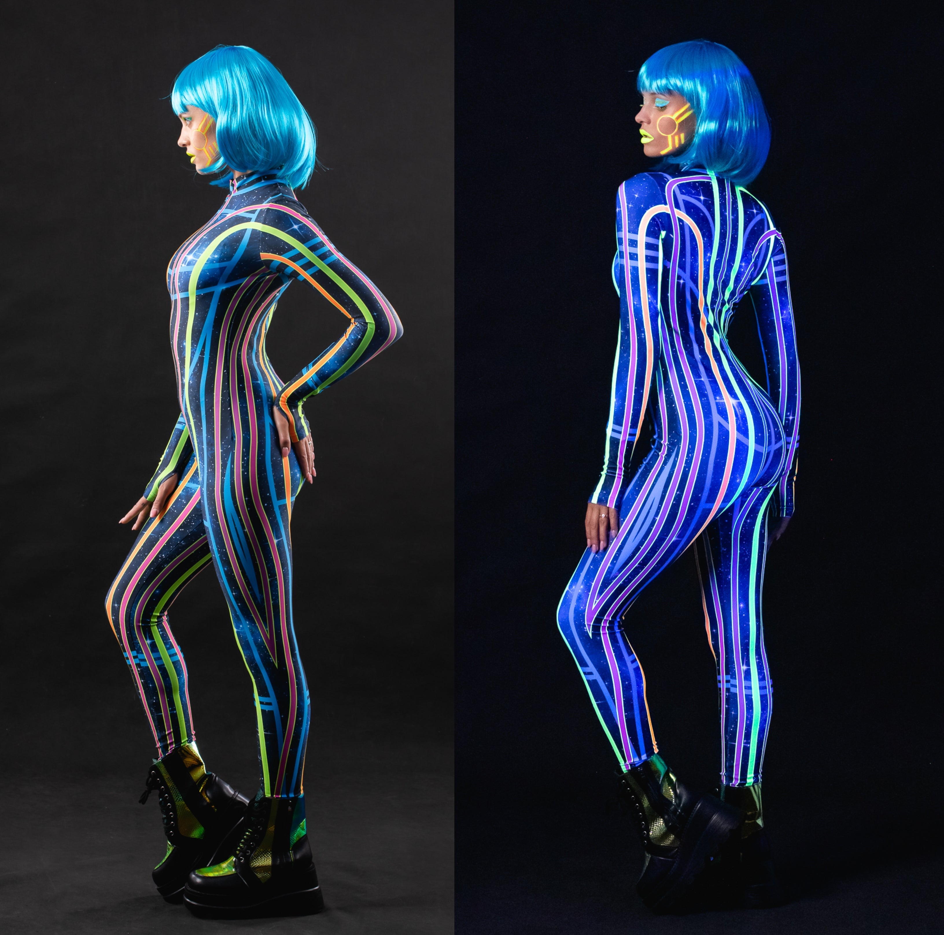 Woman posing in the Space Lines UV Reactive costume, highlighting the neon space line design that lights up under UV light, ideal for raves, Halloween, or as a unique festival outfit.