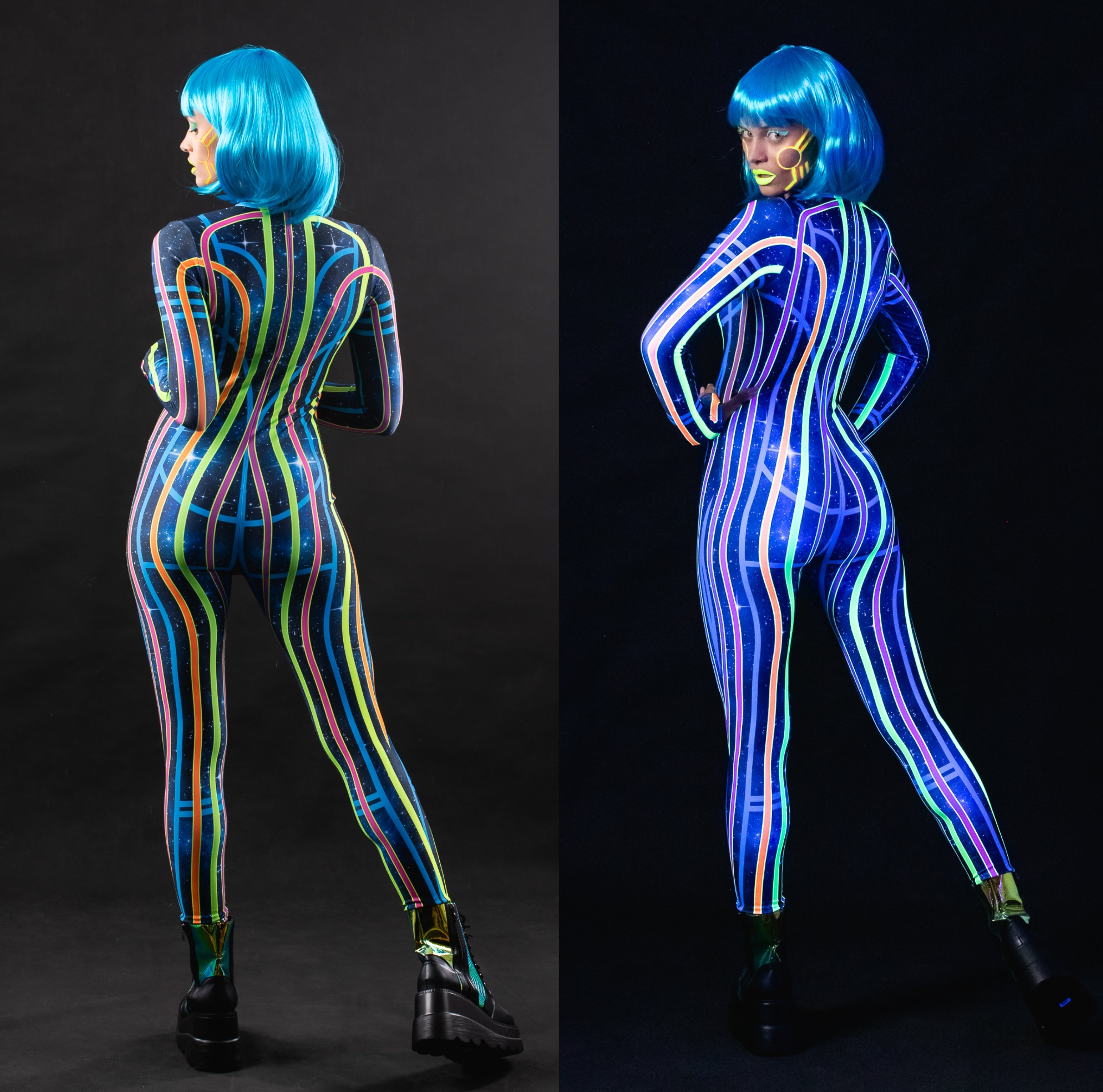 Close-up of the UV-reactive space line design, showcasing bright neon patterns that create a glowing effect under UV lighting.