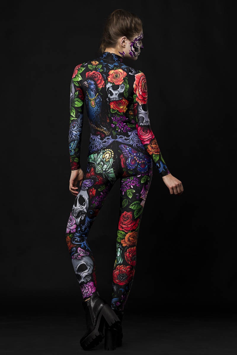 Woman wearing the Tattoo Style Halloween costume, a full-body catsuit with tattoo-inspired designs, including tiger, skull, and butterfly motifs, perfect for Halloween or cosplay events.