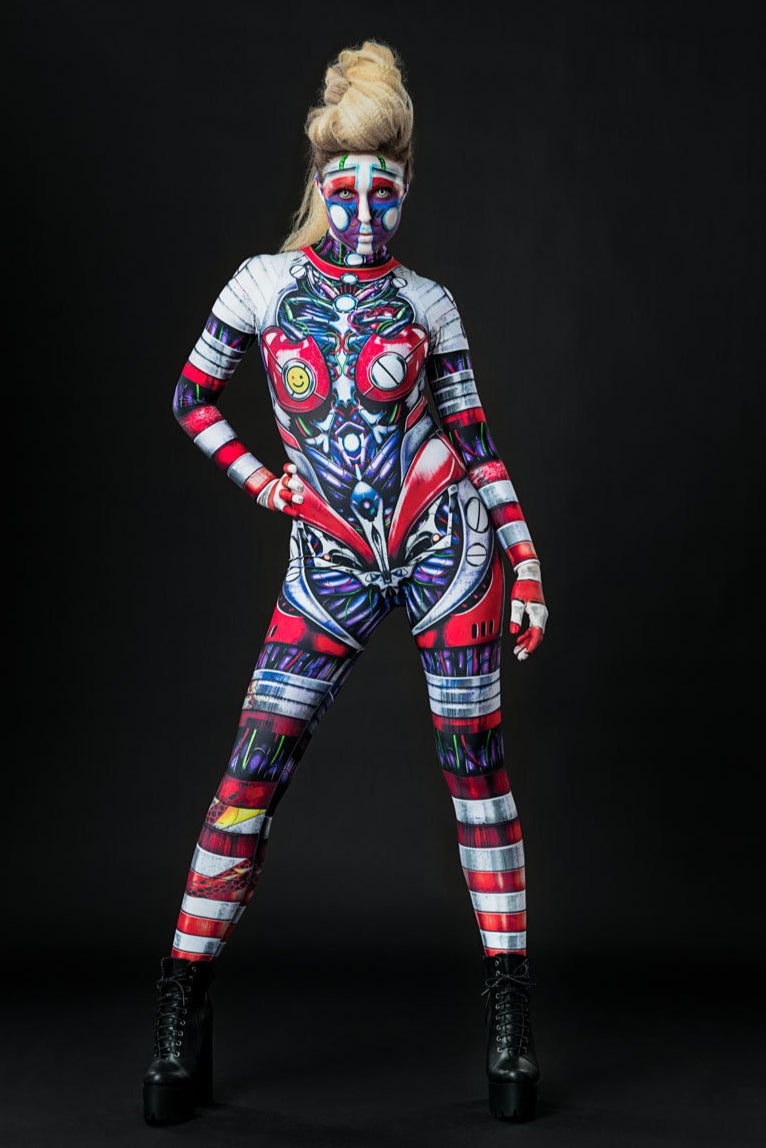 Cyberpunk Halloween costume for women, featuring a full-body robotic catsuit with futuristic details, perfect for Halloween parties or cosplay events.