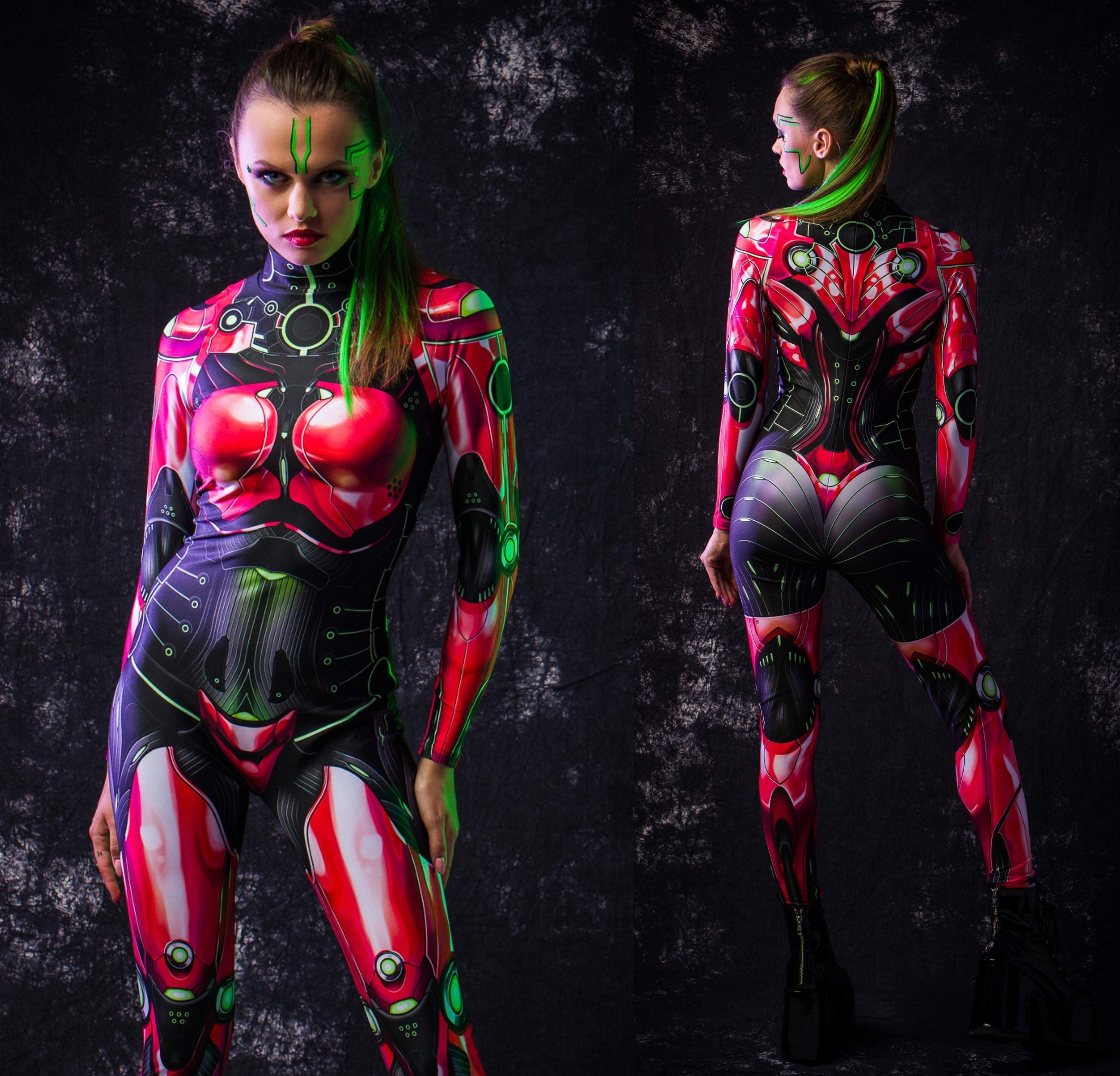 Woman posing in the Red Android Halloween costume, highlighting the sleek robotic design and futuristic red accents, great for Halloween, cosplay, or as a standout festival outfit.
