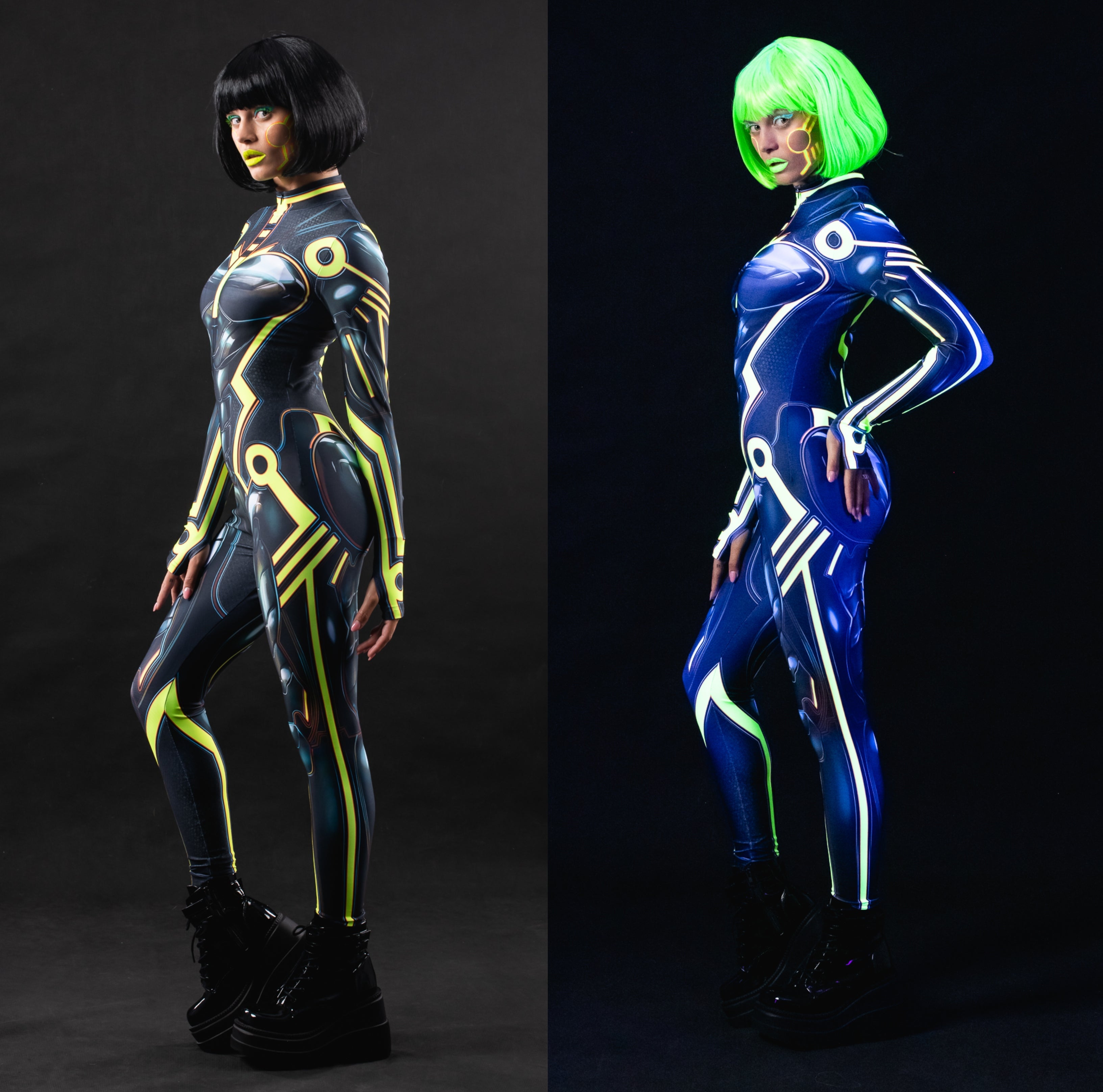 Close-up of the UV reactive neon accents on the Cyber Tron costume, showcasing the bold design that lights up under UV lighting for a standout look.