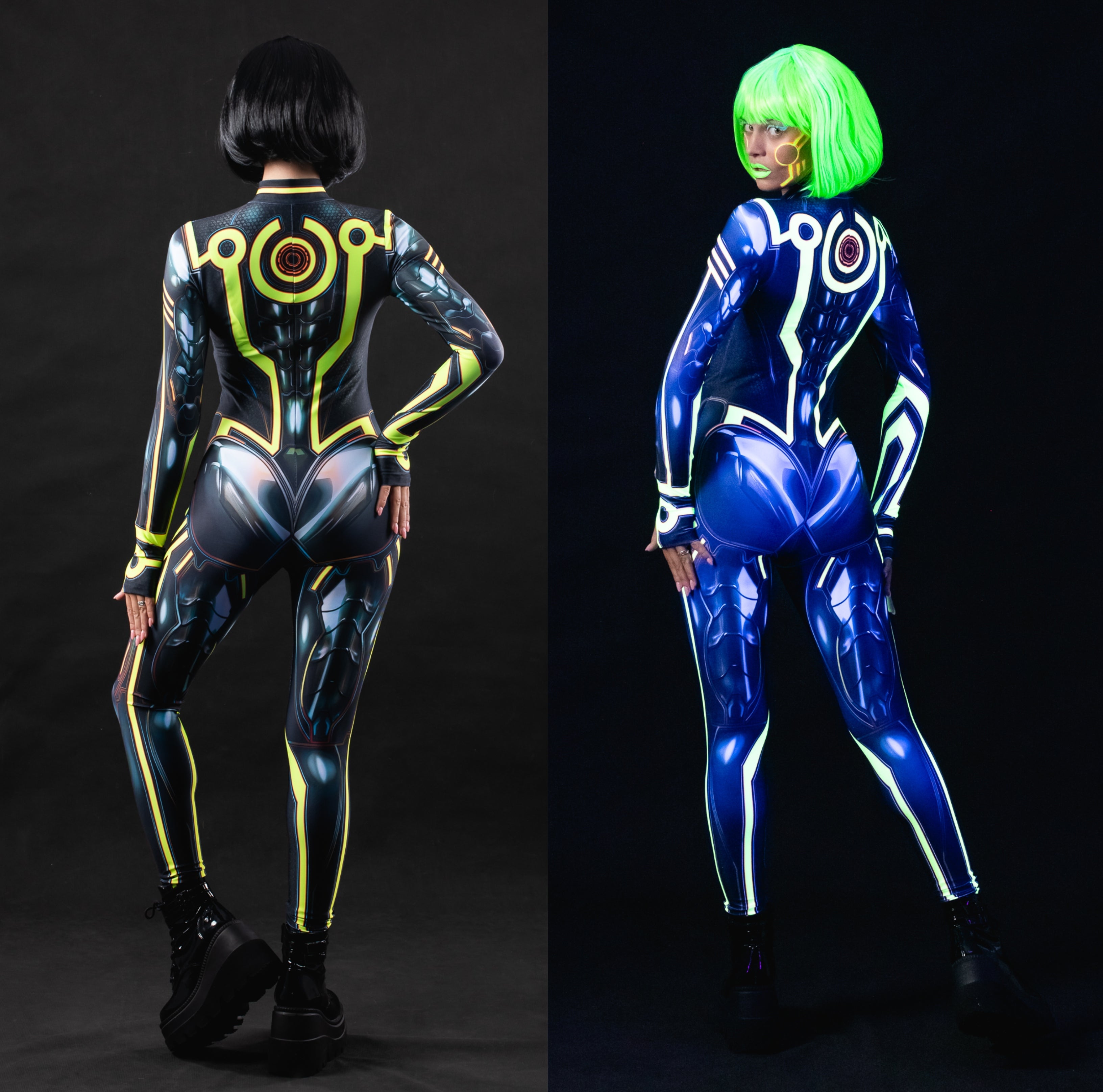 Woman wearing the Cyber Tron UV Reactive costume, a sleek bodysuit with glowing neon details, perfect for Halloween parties or festival events.