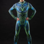 Neon Cosmic Outline UV Reactive costume for men, featuring a futuristic cosmic design with neon outlines that glow under UV light, perfect for festivals, raves, or Halloween.