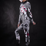 Woman posing in the White Zebra Femme Halloween costume, showcasing the bold black and white zebra design, great for Halloween, festivals, or as a stylish statement outfit.