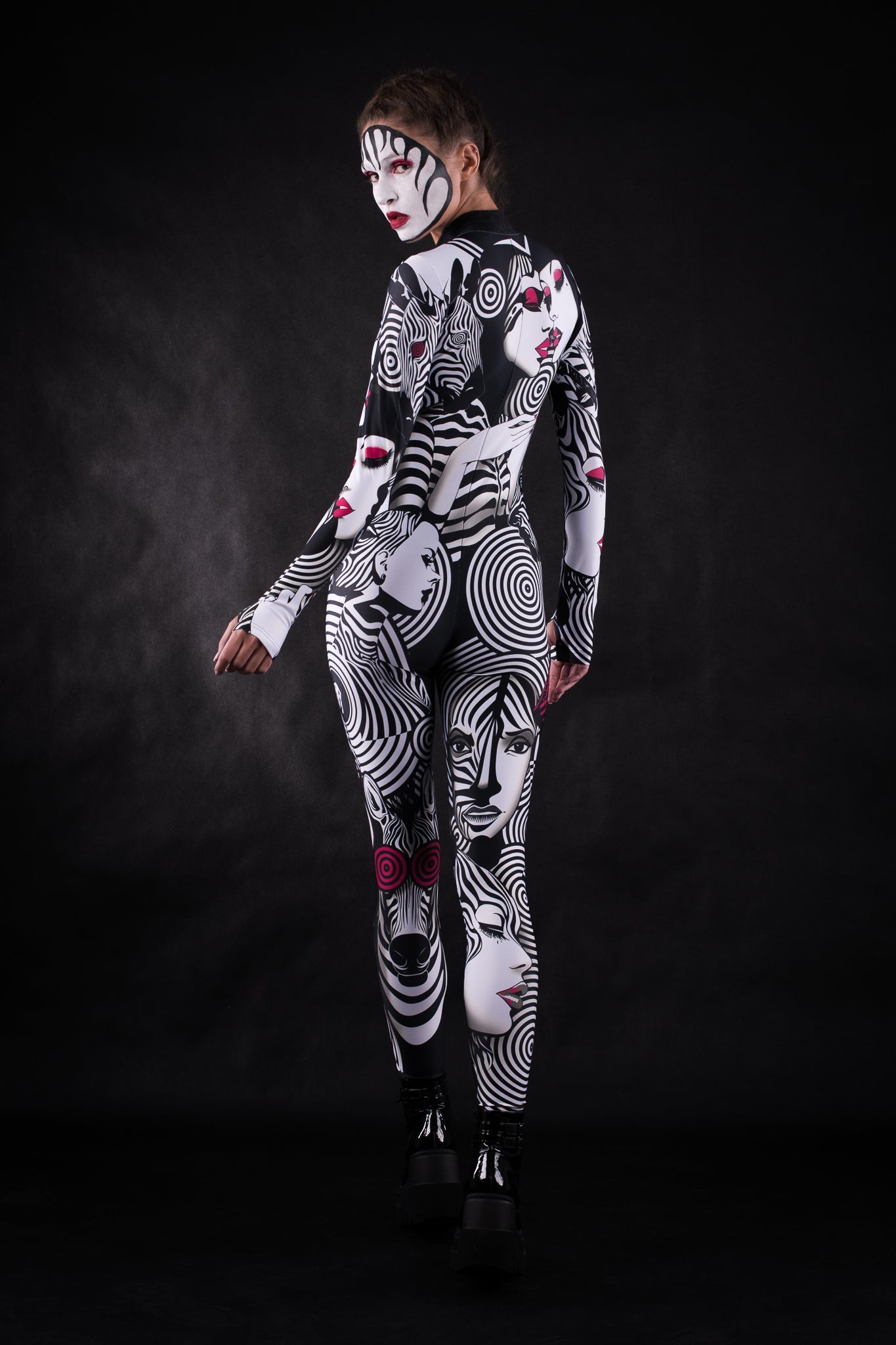 Close-up of the striking black and white zebra print on the costume, adding a unique touch for Halloween or festival wear.