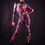 Pink Zebra Femme Halloween costume for women, featuring a bold pink and black zebra print design, ideal for Halloween, festivals, or themed parties.