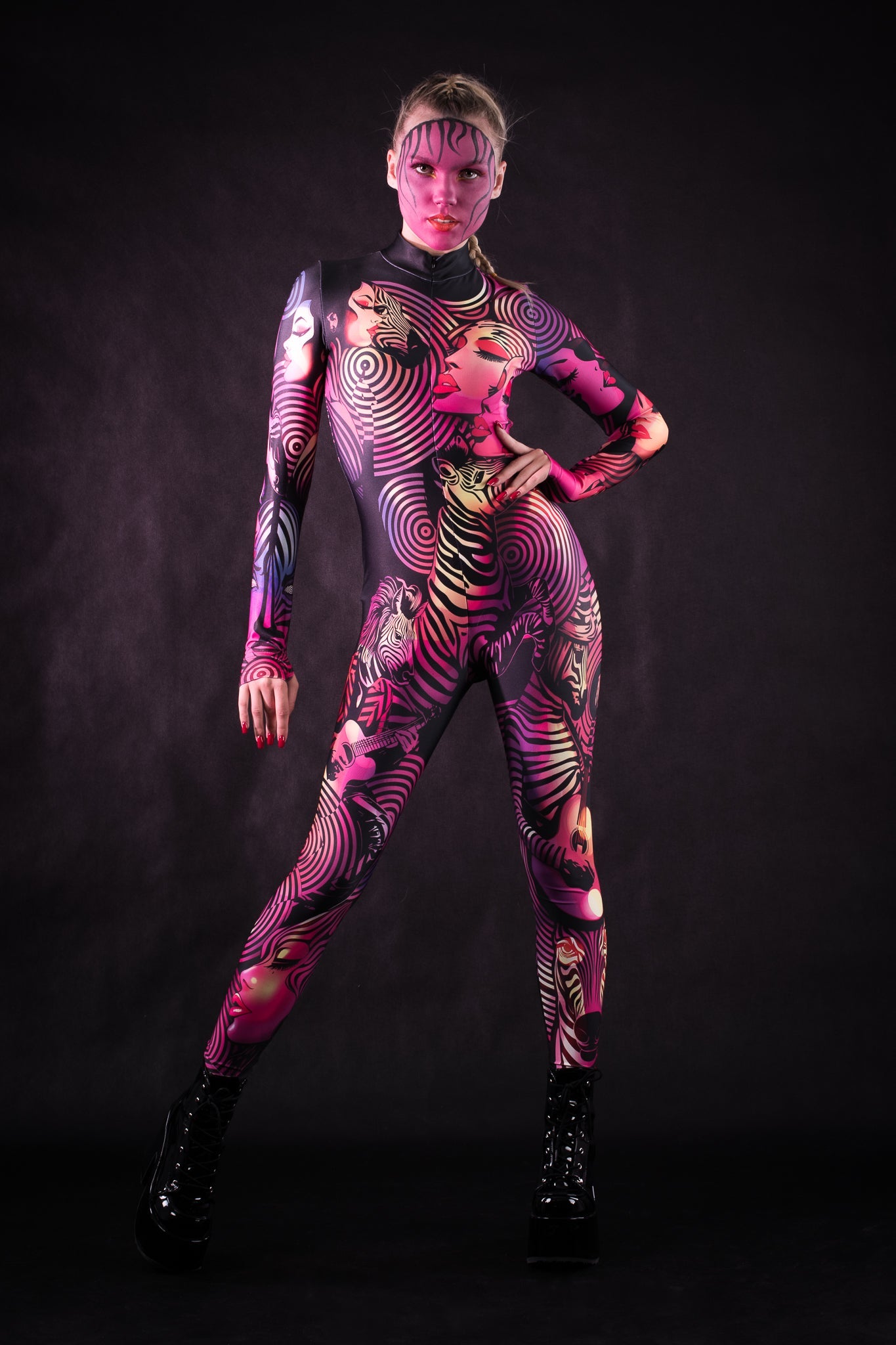 Pink Zebra Femme Halloween costume for women, featuring a bold pink and black zebra print design, ideal for Halloween, festivals, or themed parties.