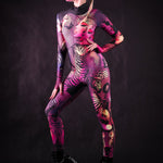 Woman wearing the Pink Zebra Femme costume, a full-body suit with striking pink zebra stripes, ideal for Halloween events or fun party outfits.