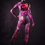 Woman posing in the Pink Zebra Femme Halloween costume, highlighting the bright pink zebra design, perfect for Halloween parties, festivals, or as a statement look.