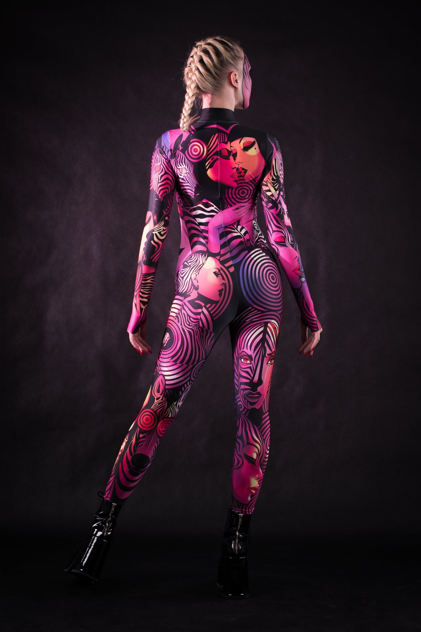 Close-up of the vibrant pink zebra print on the costume, showcasing a unique pattern perfect for a bold Halloween or festival look.