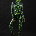 Green Neon Spiderweb UV Reactive costume for women, featuring a vibrant green spiderweb design that glows under UV light, perfect for Halloween, raves, or festivals.