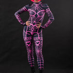 Pink Neon Spiderweb UV Reactive costume for women, featuring a vibrant spiderweb design that glows under UV light, perfect for Halloween, raves, or festivals.