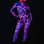 Pink Neon Spiderweb UV Reactive costume for women, featuring a vibrant spiderweb design that glows under UV light, perfect for Halloween, raves, or festivals.