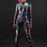 Yakuza UV Reactive costume for women, featuring a Japanese tattoo-inspired design with neon accents that glow under UV light, perfect for Halloween, festivals, or rave events.