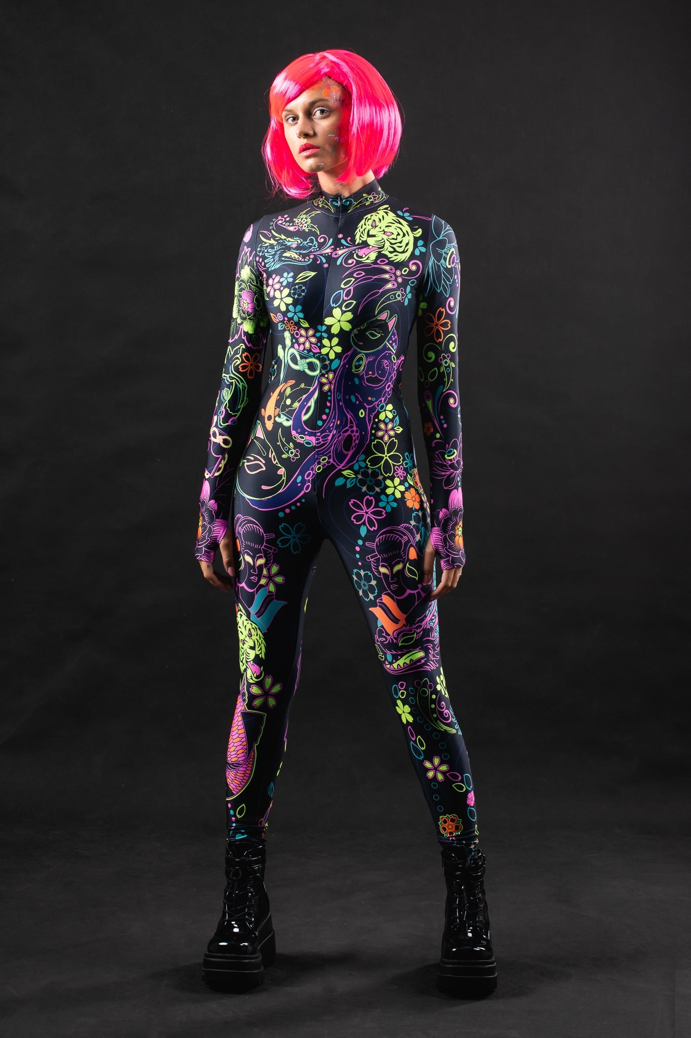 Yakuza UV Reactive costume for women, featuring a Japanese tattoo-inspired design with neon accents that glow under UV light, perfect for Halloween, festivals, or rave events.