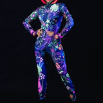 Yakuza UV Reactive costume for women, featuring a Japanese tattoo-inspired design with neon accents that glow under UV light, perfect for Halloween, festivals, or rave events.