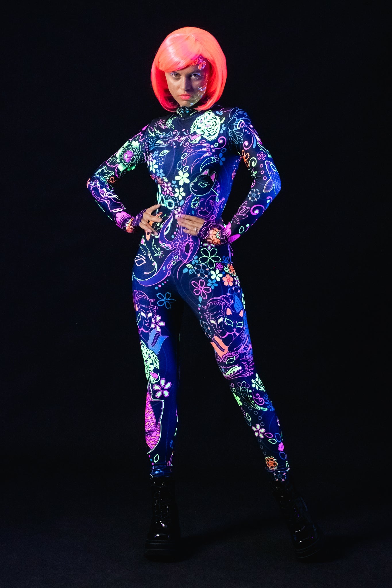 Yakuza UV Reactive costume for women, featuring a Japanese tattoo-inspired design with neon accents that glow under UV light, perfect for Halloween, festivals, or rave events.