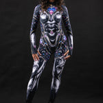 Black Cyber Disco costume for women, featuring a sleek, futuristic design with cyber-inspired details, perfect for Halloween, parties, or festivals.