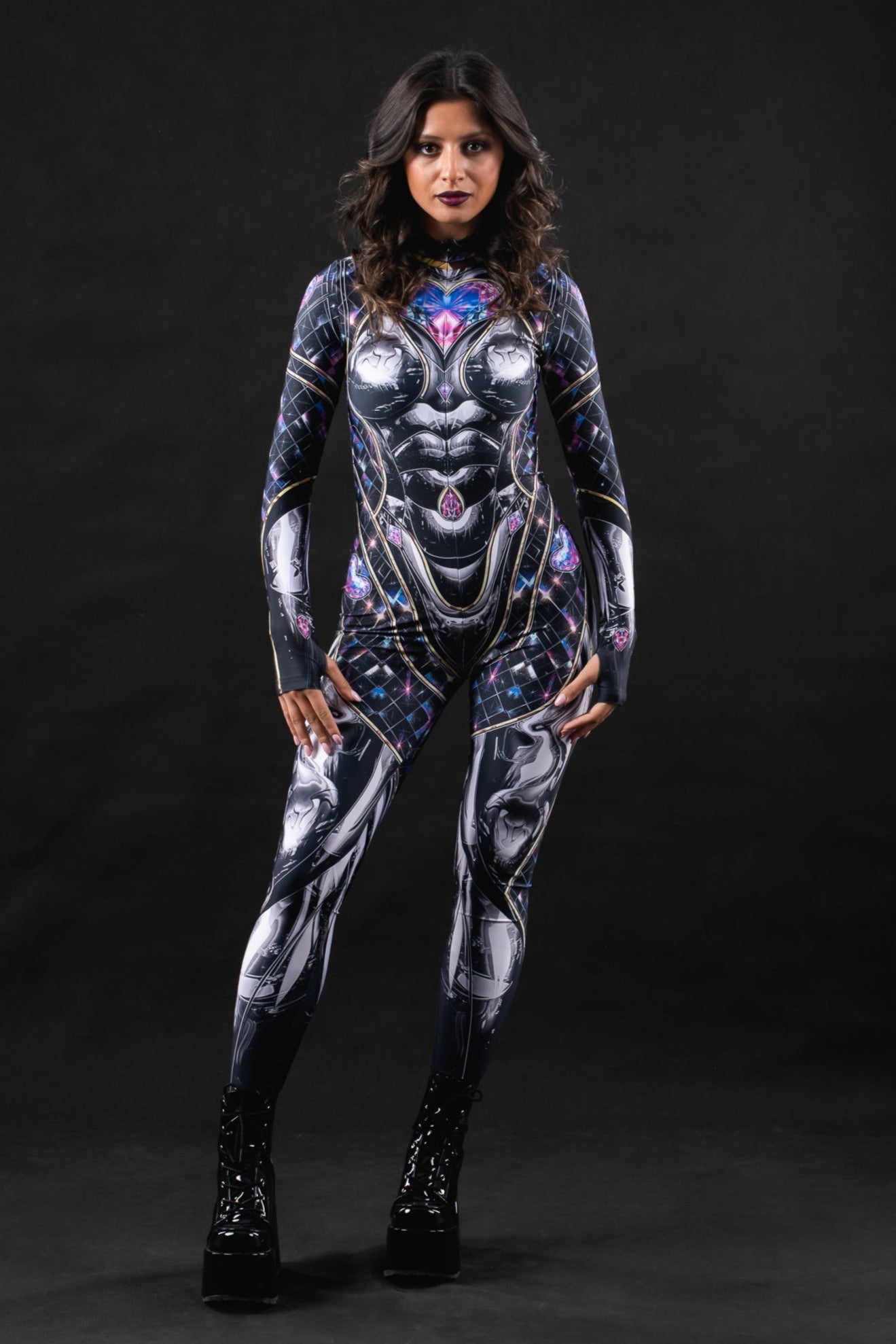 Black Cyber Disco costume for women, featuring a sleek, futuristic design with cyber-inspired details, perfect for Halloween, parties, or festivals.