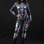 Black Cyber Disco costume for women, featuring a sleek, futuristic design with cyber-inspired details, perfect for Halloween, parties, or festivals.