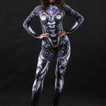 Black Cyber Disco costume for women, featuring a sleek, futuristic design with cyber-inspired details, perfect for Halloween, parties, or festivals.