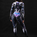 Woman wearing the Black Cyber Disco costume, a full-body suit with disco-inspired cyber details, perfect for Halloween or rave events.