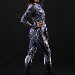 Close-up of the cyber disco design on the costume, showcasing metallic accents and futuristic style, ideal for a bold look.