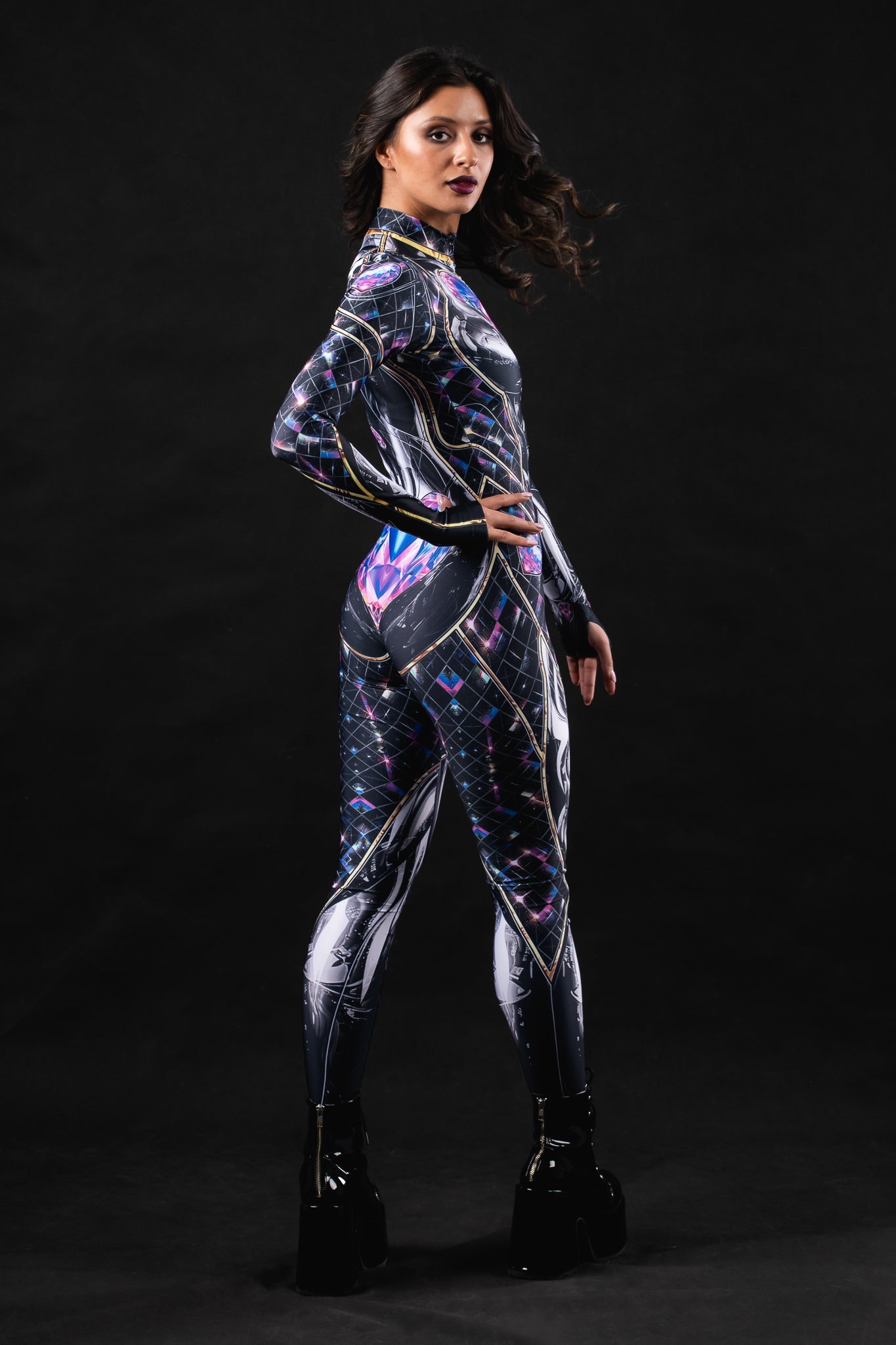 Close-up of the cyber disco design on the costume, showcasing metallic accents and futuristic style, ideal for a bold look.