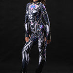 Woman posing in the Black Cyber Disco costume, highlighting the sleek black design and cyber accents, ideal for Halloween, festivals, or a unique party outfit.