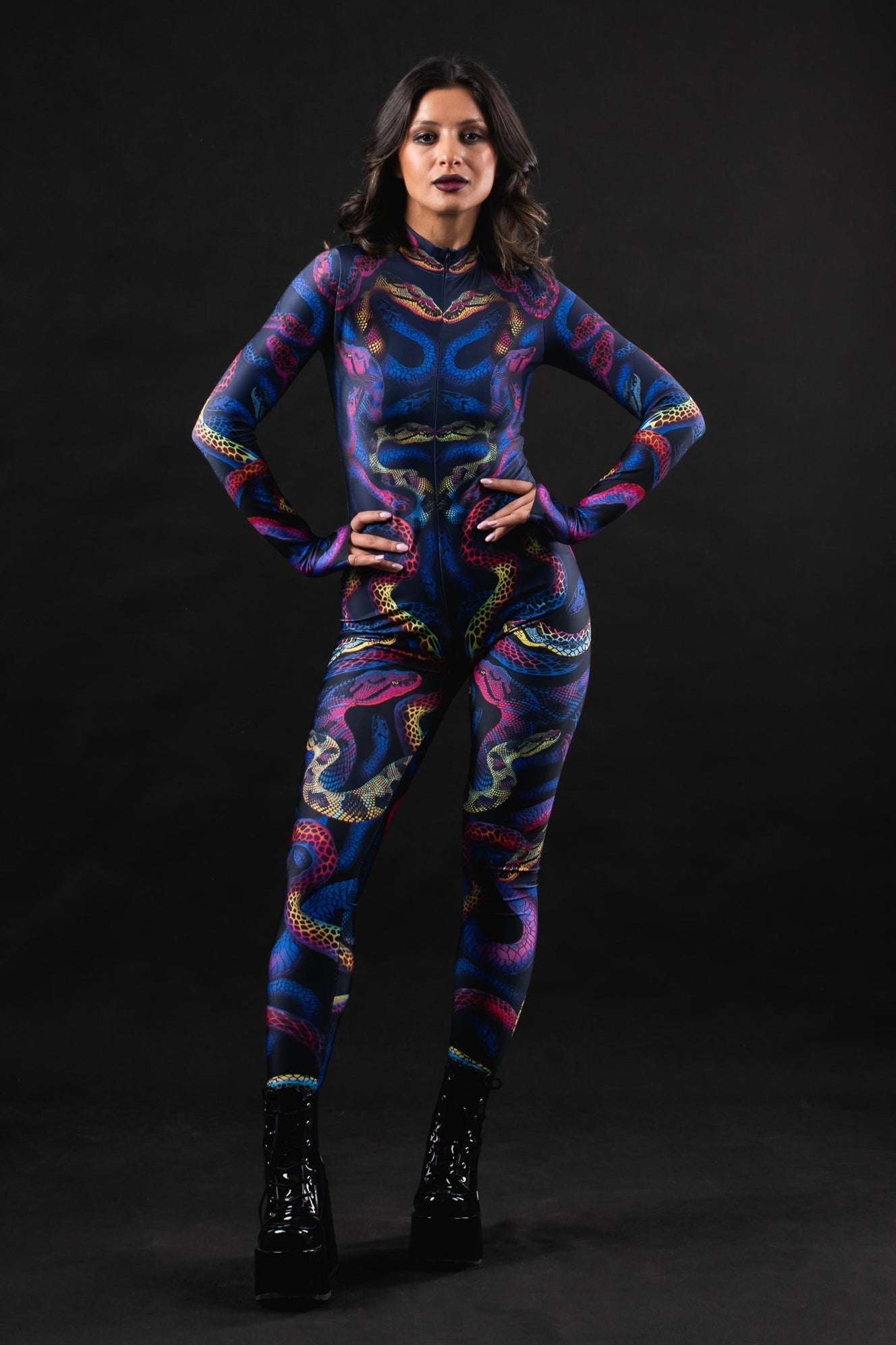 Snakes & Shades costume for women, featuring a bold snake print design with vibrant colors, perfect for Halloween, festivals, or themed parties.