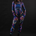 Woman wearing the Snakes & Shades costume, a full-body suit with snake print and vibrant shades, ideal for Halloween parties or festival outfits.