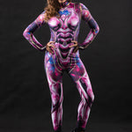 Pink Cyber Disco costume for women, featuring a futuristic full-body design with cyber-inspired details, ideal for Halloween, raves, or festivals.