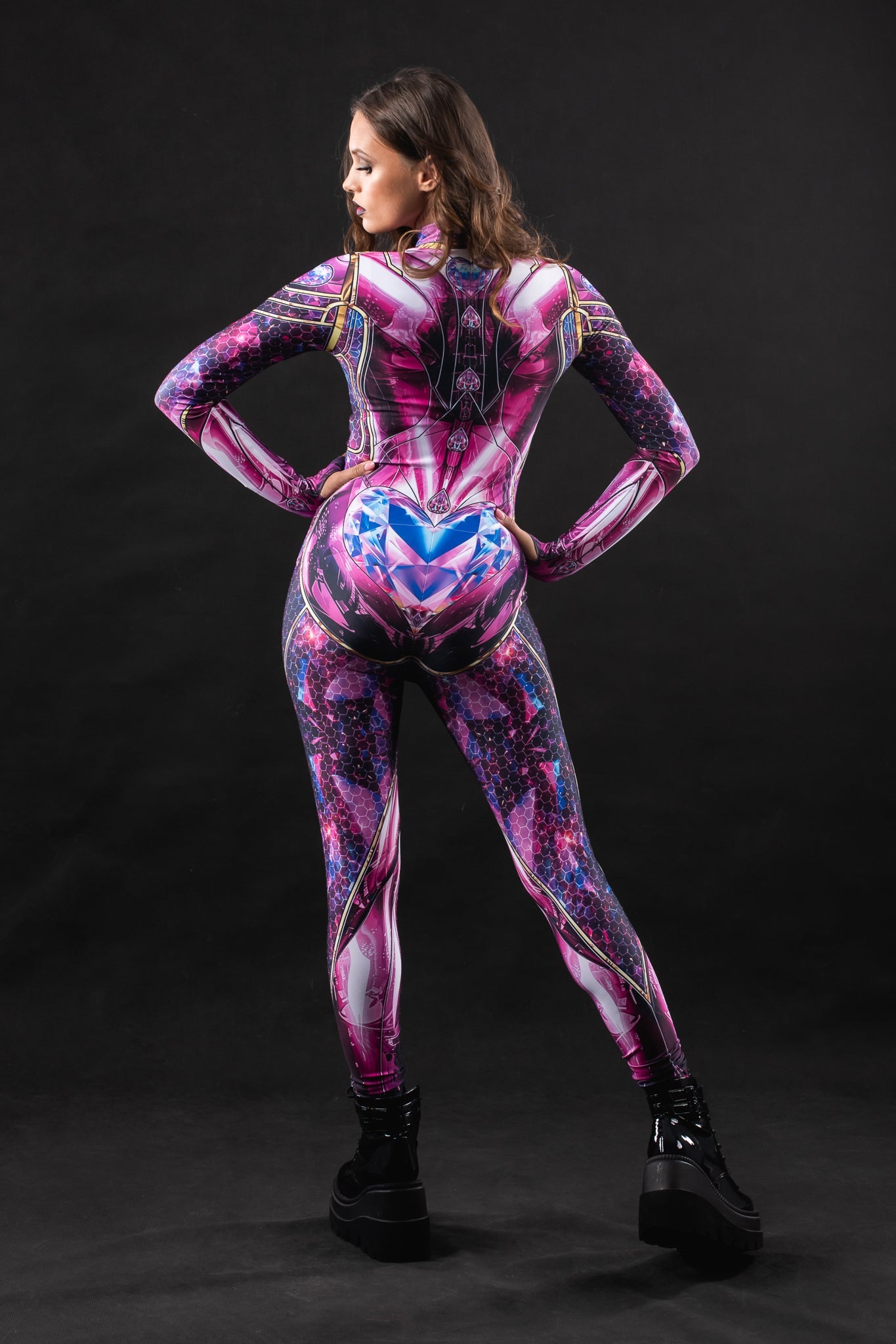 Close-up of the cyber disco design on the pink costume, showcasing bold metallic and futuristic accents for a standout look.