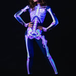 Pink Doodle Skeleton UV Reactive Halloween costume for women, featuring a pink skeleton design with UV-reactive accents, perfect for Halloween, festivals, or rave events.