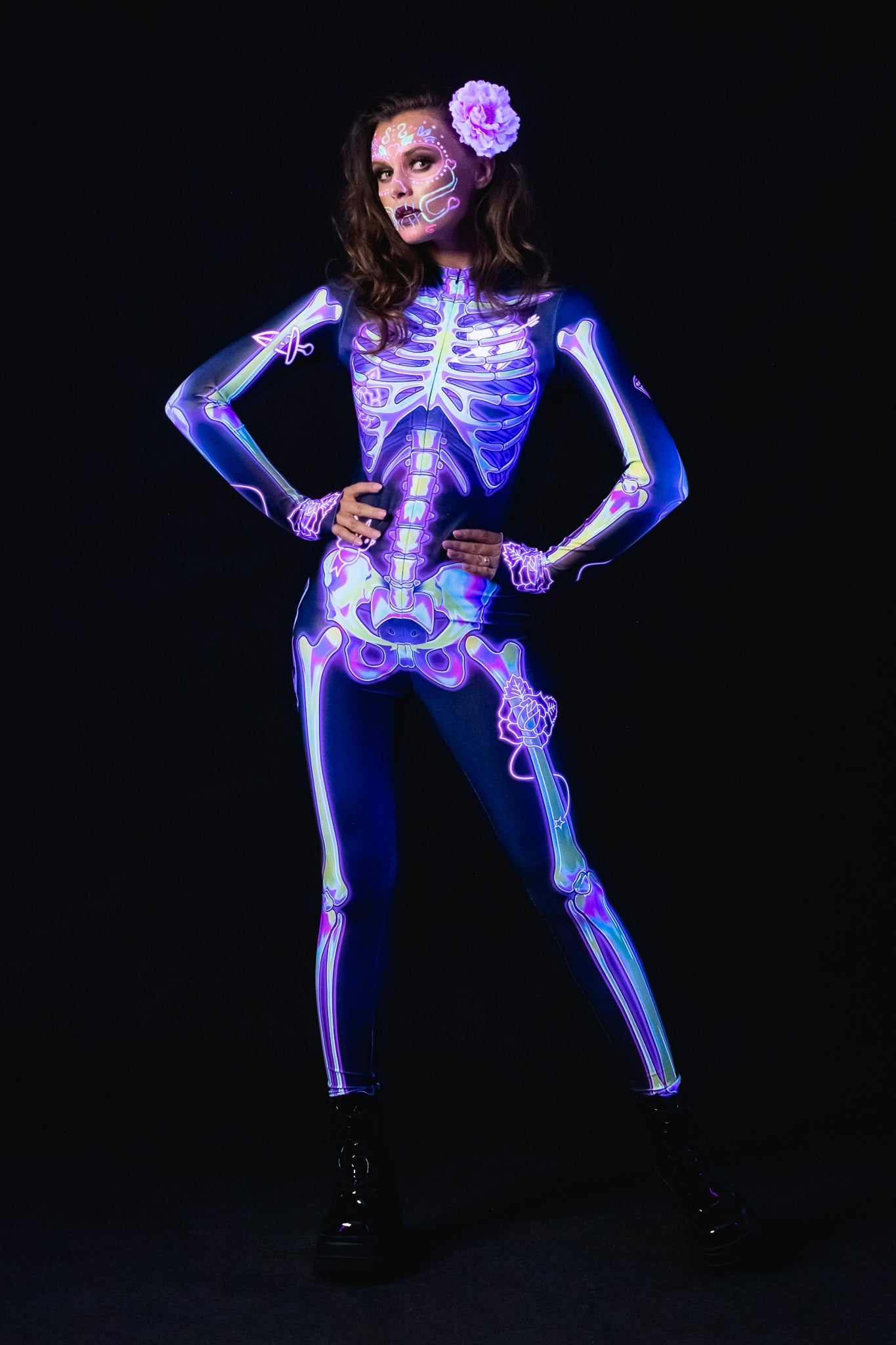 Pink Doodle Skeleton UV Reactive Halloween costume for women, featuring a pink skeleton design with UV-reactive accents, perfect for Halloween, festivals, or rave events.