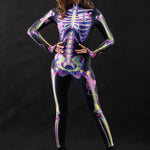Pink Doodle Skeleton UV Reactive Halloween costume for women, featuring a pink skeleton design with UV-reactive accents, perfect for Halloween, festivals, or rave events.