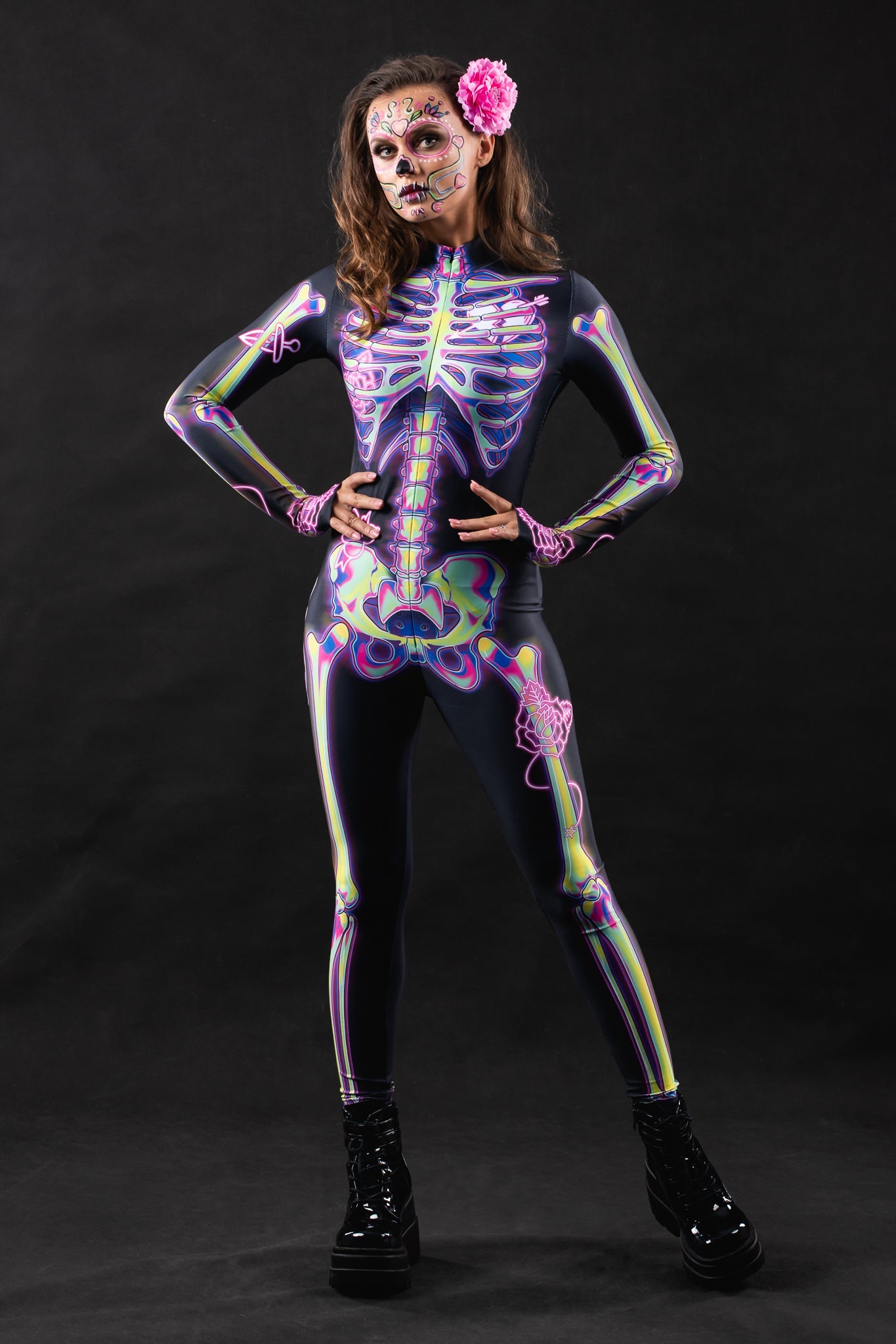 Pink Doodle Skeleton UV Reactive Halloween costume for women, featuring a pink skeleton design with UV-reactive accents, perfect for Halloween, festivals, or rave events.