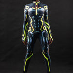 Cyber Tron UV Reactive costume for women, featuring a futuristic full-body design with neon accents that glow under UV light, ideal for raves, festivals, or Halloween.