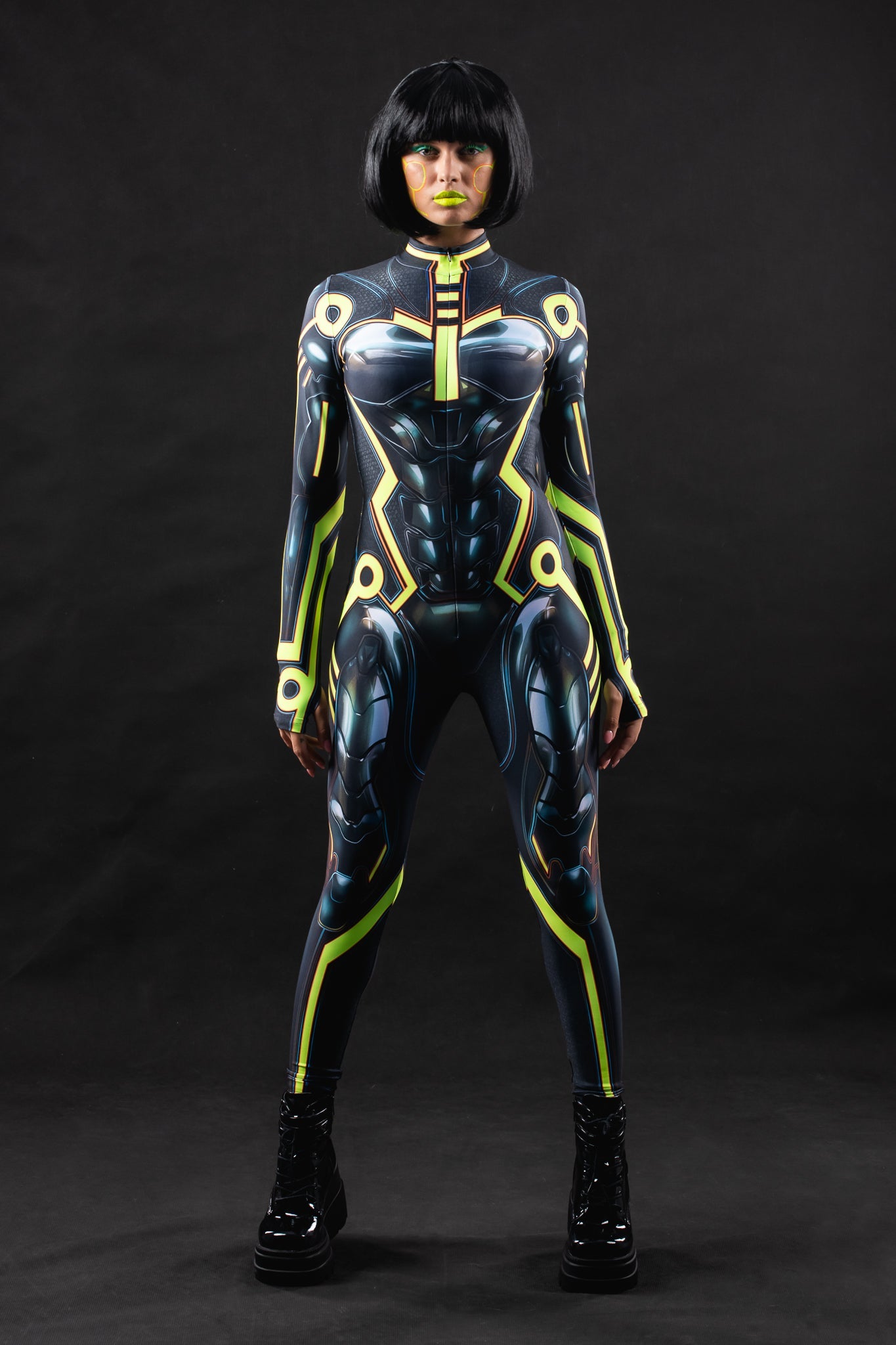 Cyber Tron UV Reactive costume for women, featuring a futuristic full-body design with neon accents that glow under UV light, ideal for raves, festivals, or Halloween.