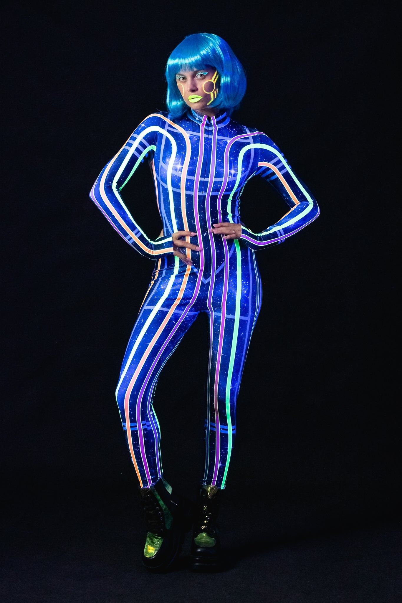 Space Lines UV Reactive costume for women, featuring a futuristic design with neon space line patterns that glow under UV light, perfect for festivals, raves, or Halloween.