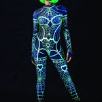 Green Neon Spiderweb UV Reactive costume for women, featuring a vibrant green spiderweb design that glows under UV light, perfect for Halloween, raves, or festivals.