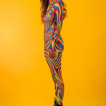 Woman wearing the Rainbow Liquid costume, a vibrant full-body suit with a colorful liquid effect, ideal for music festivals or creative events.