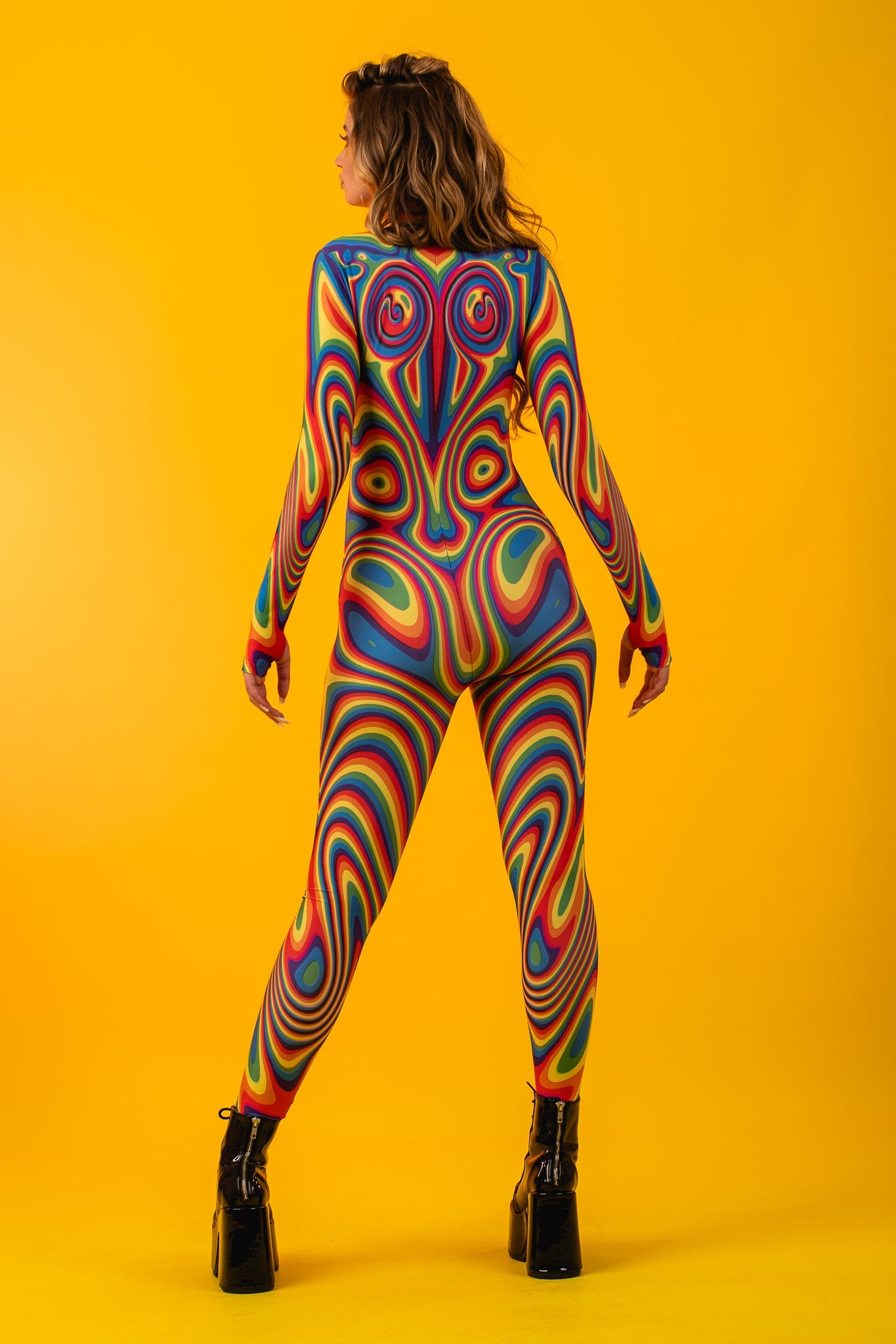 Close-up of the rainbow liquid pattern on the festival costume, showcasing bright, eye-catching colors for a standout look.